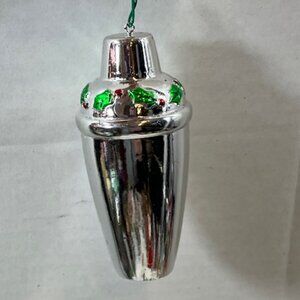 VTG Silver Cocktail Shaker Holly Berries Christmas Holiday Tree Ornament 4"x2"